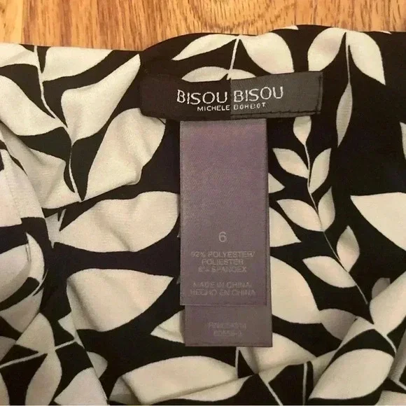 Bisou Bisou Michele Bombot Black And Cream Leaf Pattern Scoopneck Dress Size 6 - Picture 4 of 9